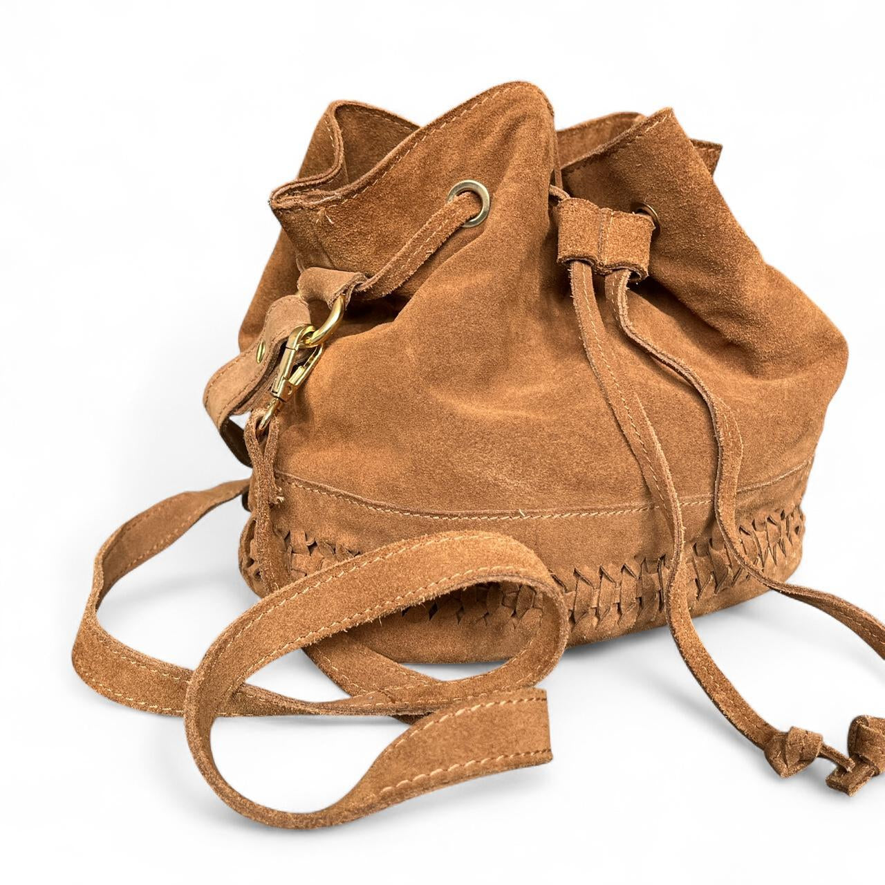 Drawstring Tan Suede Bucket Bag