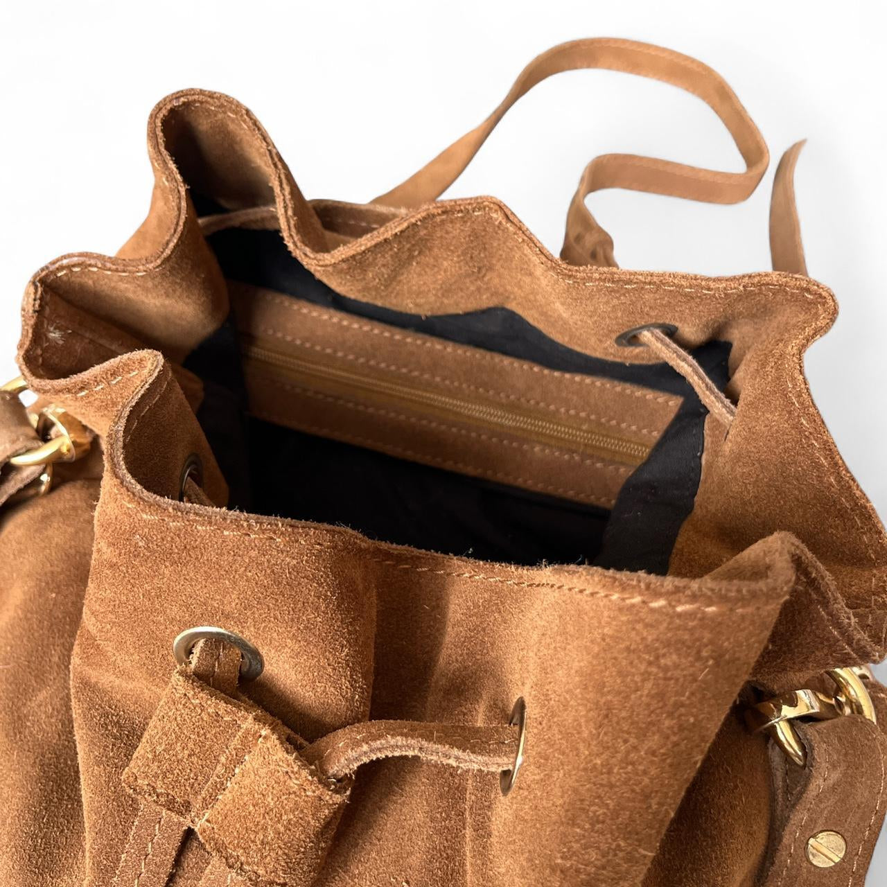 Drawstring Tan Suede Bucket Bag