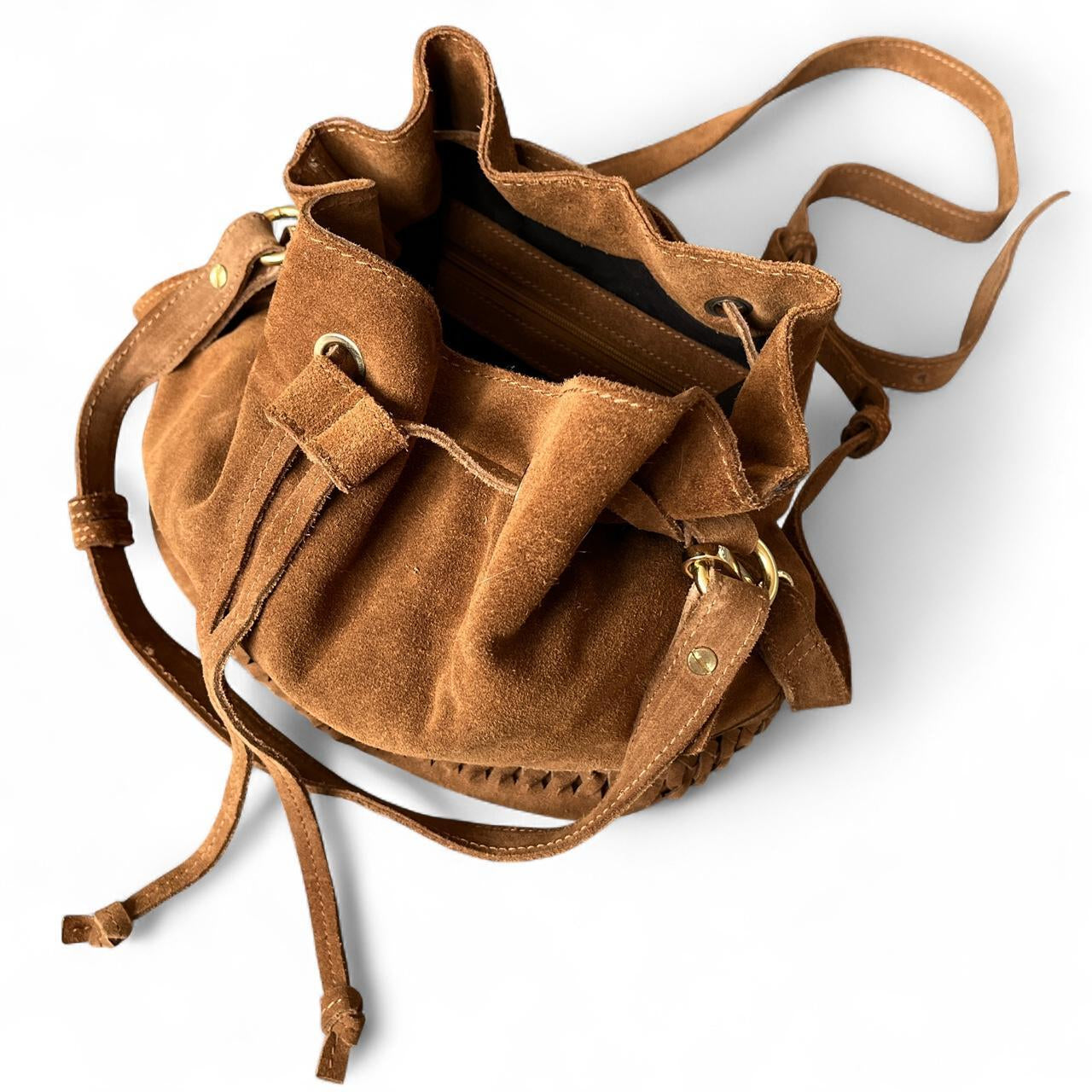 Drawstring Tan Suede Bucket Bag