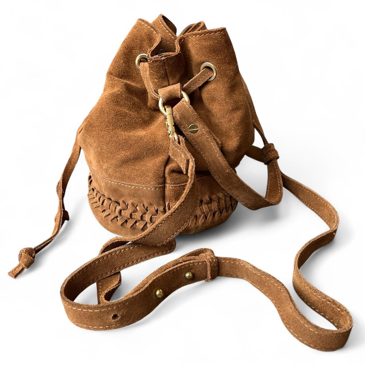 Drawstring Tan Suede Bucket Bag