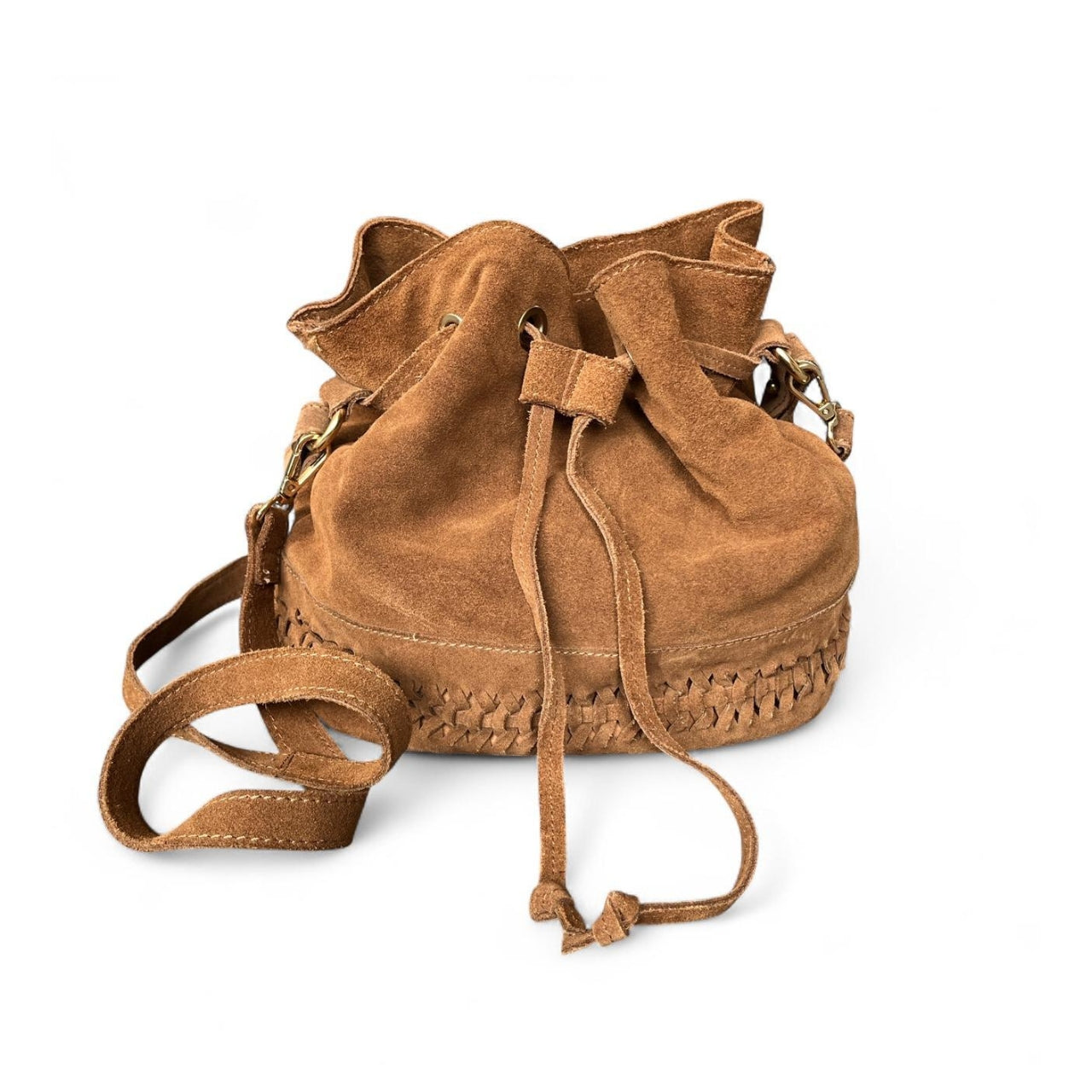 Drawstring Tan Suede Bucket Bag