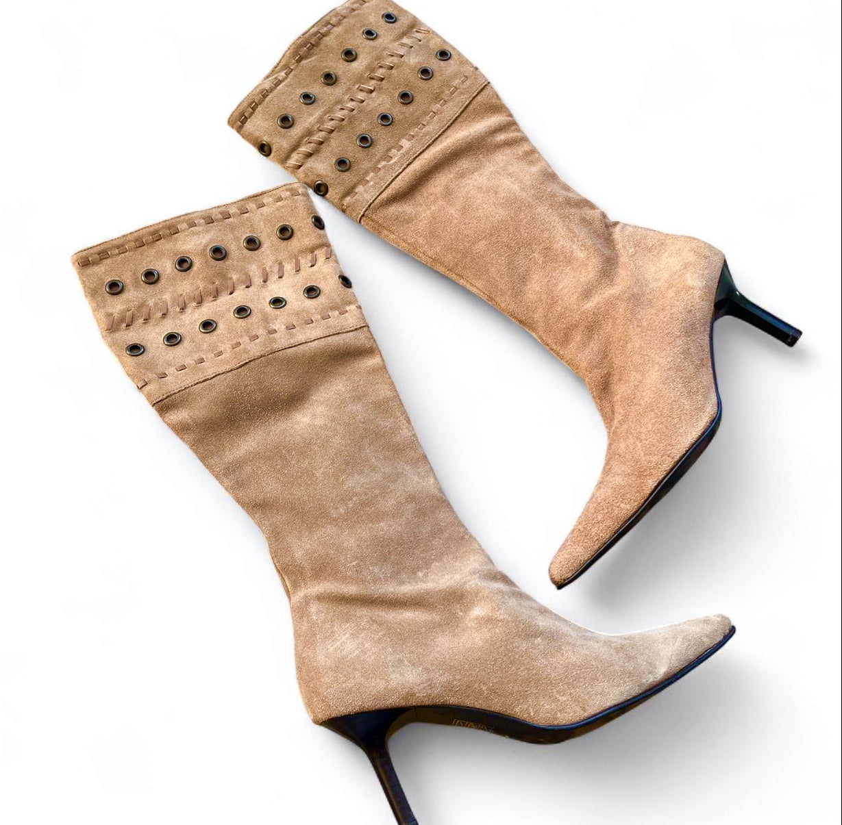 Tan Suede Studded Knee High Boots UK 3 - Italian Made - Western Boho