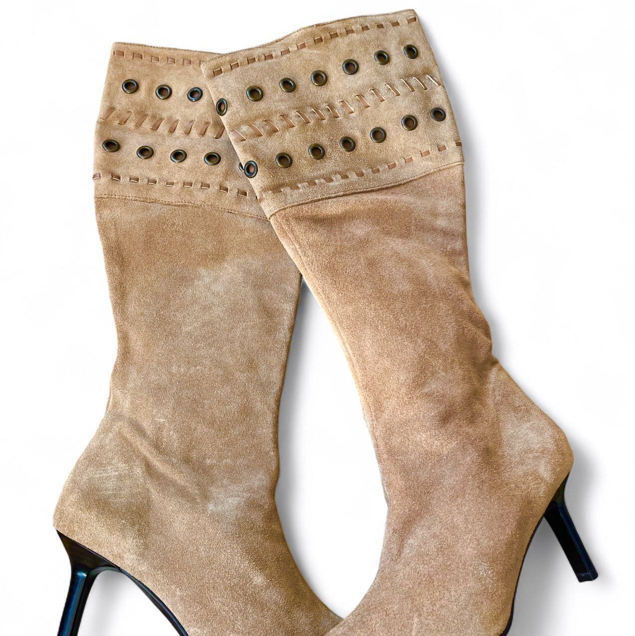 Tan Suede Studded Knee High Boots UK 3 - Italian Made - Western Boho