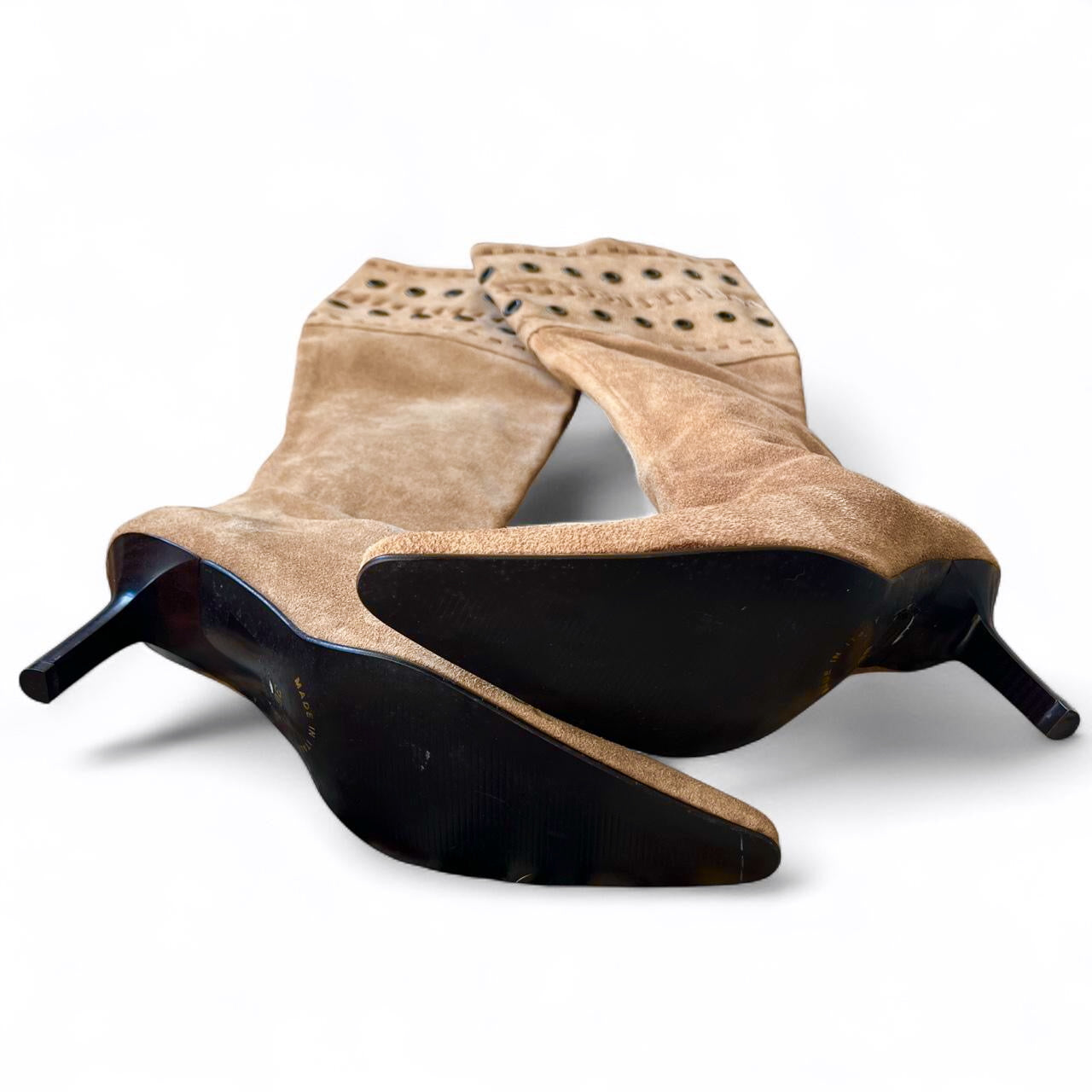 Tan Suede Studded Knee High Boots UK 3 - Italian Made - Western Boho