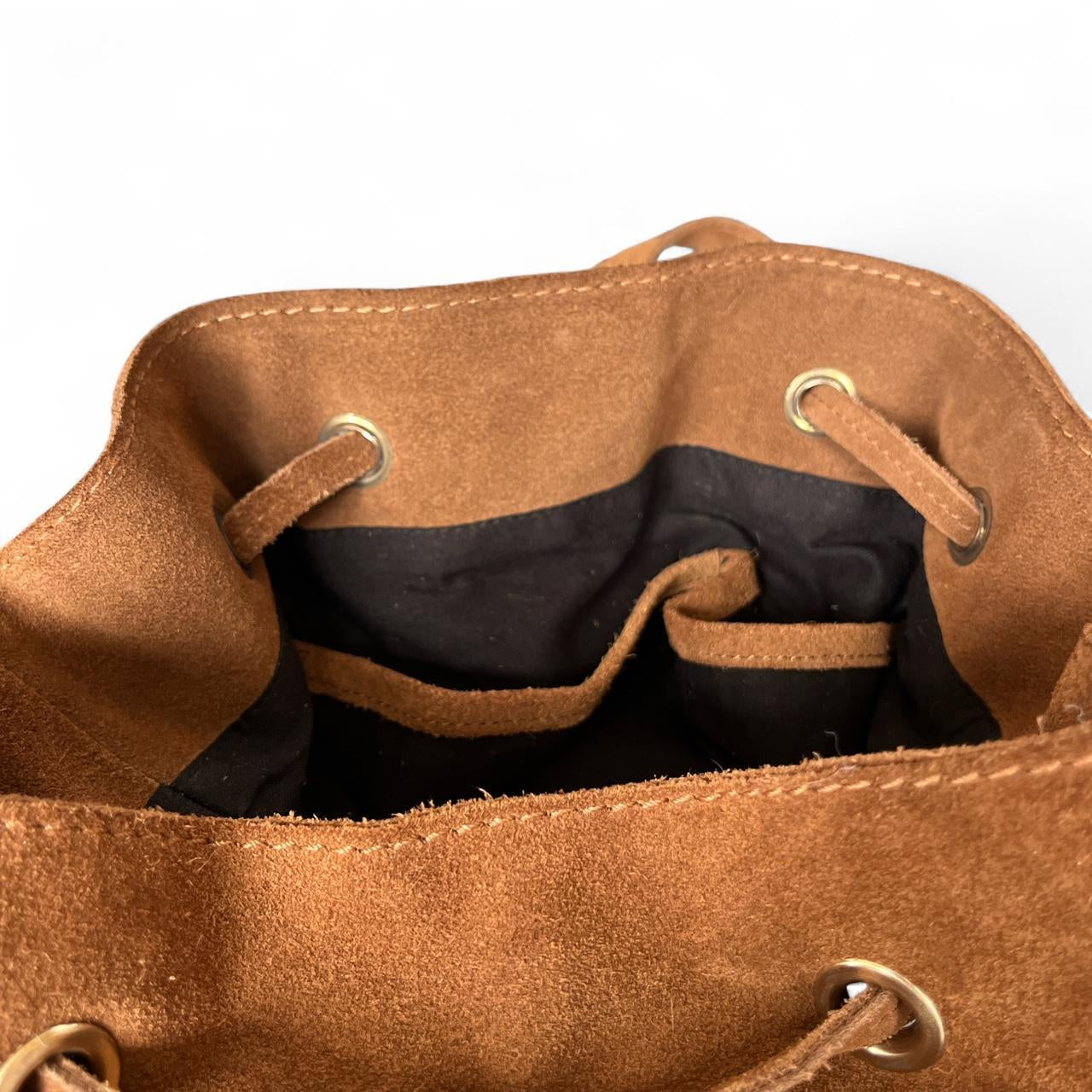 Drawstring Tan Suede Bucket Bag