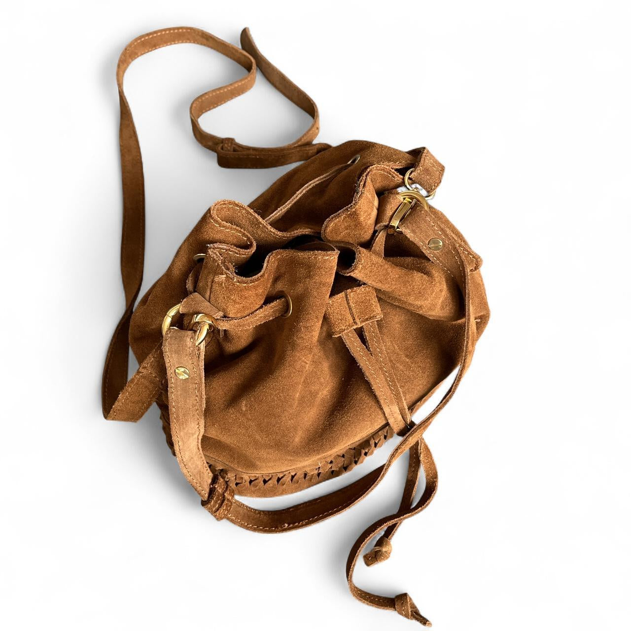 Drawstring Tan Suede Bucket Bag