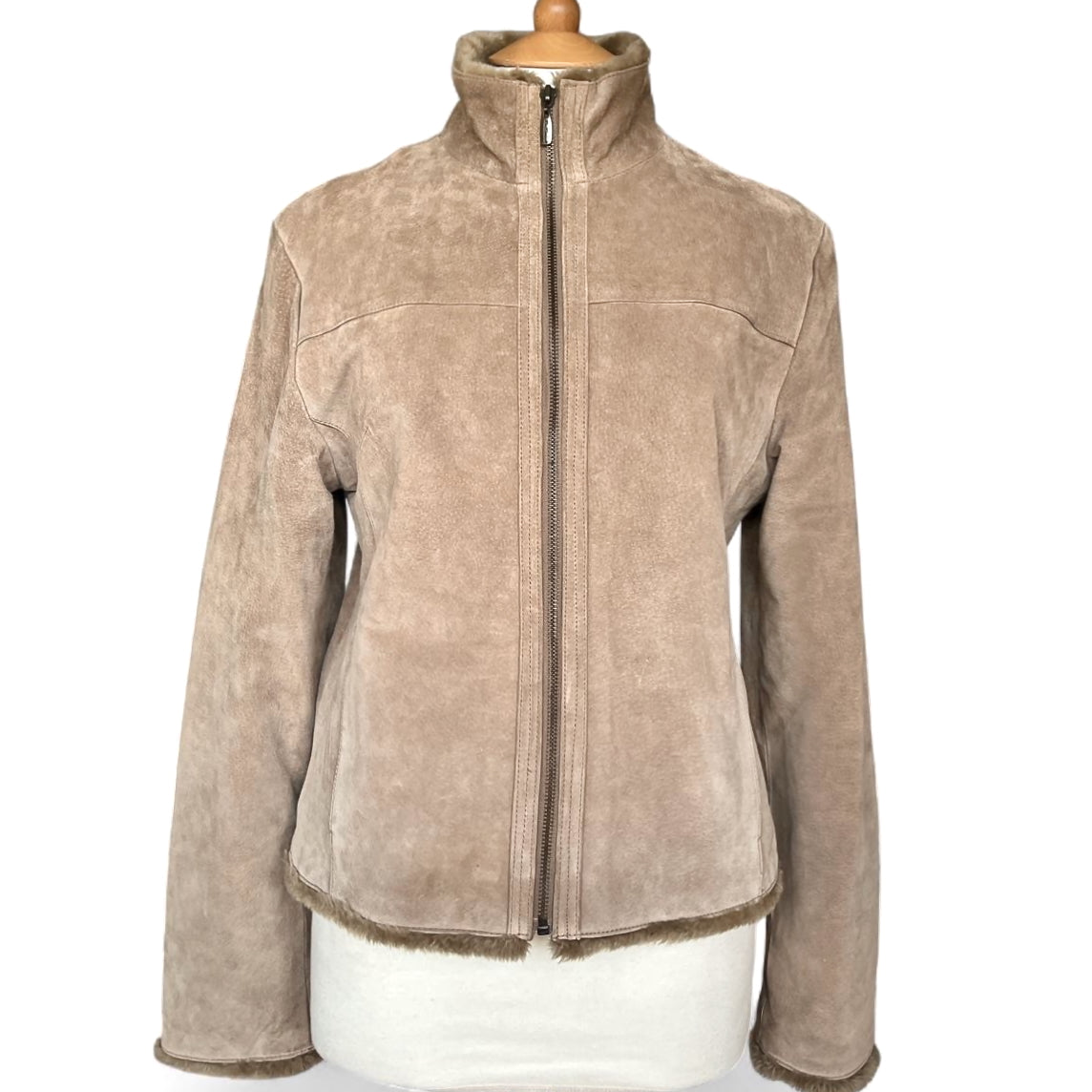 Ben Sherman Tan Suede Bomber Jacket Faux Fur Trim - UK 14 - 1970s Vintage