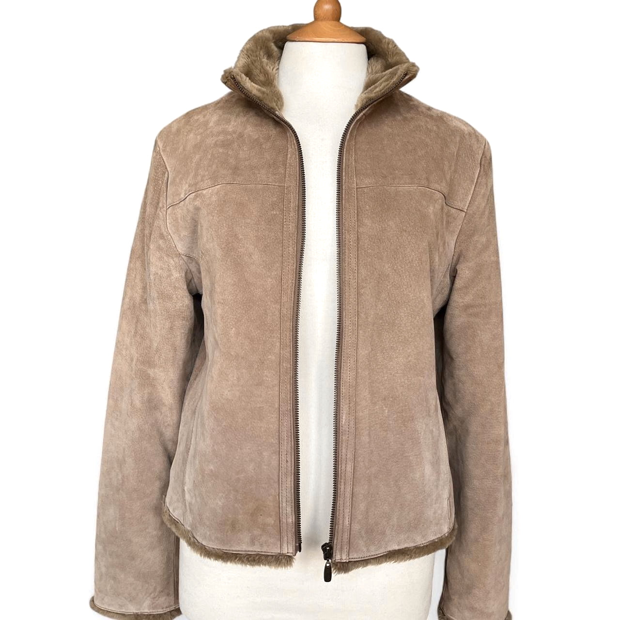 Ben Sherman Tan Suede Bomber Jacket Faux Fur Trim - UK 14 - 1970s Vintage